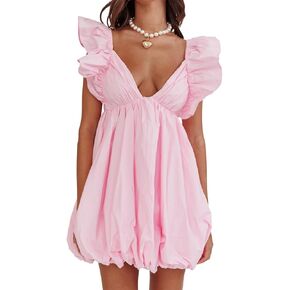 hibshaby Summer Mini Dress Deep V-Neck Babydoll Dress Bubble Dress Backless Lace Up Sexy Short Dress