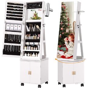 VECELO Jewelry Cabinet with Lights, 63" Full Length Mirror with Jewelry Storage, Lockable Standing Jewelry Mirror Cabinet, 3 Colors Mode, Powered By USB, White