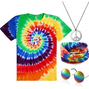 4 Pieces Hippie Costume Set, Include Colorful Tie-Dye T-Shirt, Peace Sign Necklace, Headband and Sunglasses for Theme Parties