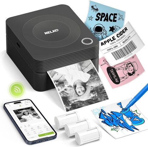 Nelko Sticker Printer, PM230 Mini Printer Bluetooth Portable Sticker Maker with 3 Rolls Paper, for DIY Creation, Study Notes, Pictures, Receipts, List, Multiple Templates for Phone & Tablet, White in Kuwait