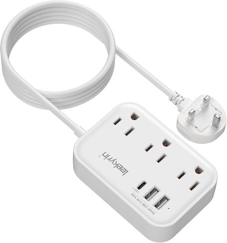 European Travel Plug Adapter(13A), US to Europe Plug Adapter with USB C(3.4A), 3 AC Outlets 3 USB Ports 5ft Extension Cord, Type E/F International Power Adapter for USA to Germany France Iceland Spain in Saudi Arabia
