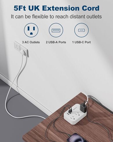 European Travel Plug Adapter(13A), US to Europe Plug Adapter with USB C(3.4A), 3 AC Outlets 3 USB Ports 5ft Extension Cord, Type E/F International Power Adapter for USA to Germany France Iceland Spain in Saudi Arabia