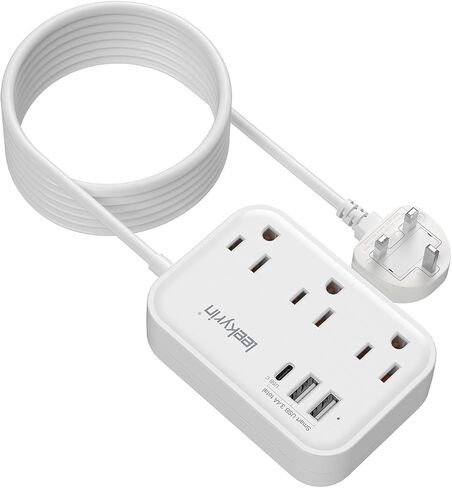 European Travel Plug Adapter(13A), US to Europe Plug Adapter with USB C(3.4A), 3 AC Outlets 3 USB Ports 5ft Extension Cord, Type E/F International Power Adapter for USA to Germany France Iceland Spain in Saudi Arabia