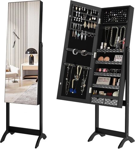 YITAHOME LED Jewelry Mirror Cabinet, Lighted Jewelry Armoires 47-Inch Full Length Mirror with Storage Lockable Jewelry Organizer with Touch Screen Dimmable LED Lights, 3 Colored Light, White in Saudi Arabia