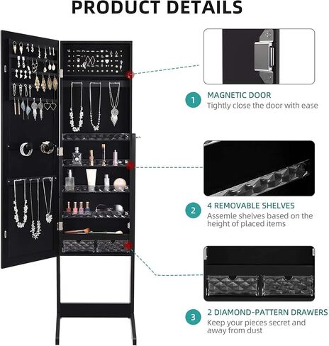 YITAHOME LED Jewelry Mirror Cabinet, Lighted Jewelry Armoires 47-Inch Full Length Mirror with Storage Lockable Jewelry Organizer with Touch Screen Dimmable LED Lights, 3 Colored Light, White in Saudi Arabia