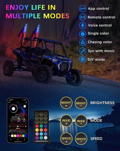 2FT LED Whip Light with Built-in Spring Base, LED Whip Light with App & Remote Control, Waterproof 360° Spiral Chasing Lighted Whip with Rocker Switch for UTV, ATV, SXS, Polaris RZR, Can-am in Saudi Arabia