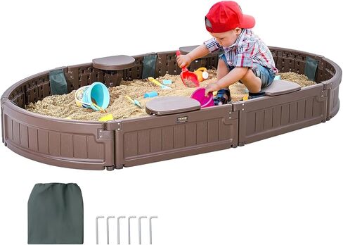 صندوق رمل VEVOR مع غطاء، 72 × 41.5 × 9.1 بوصة صندوق رمل بيضاوي، حفرة رمل HDPE مع 4 زوايا جلوس وبطانة سفلية، صندوق رمل للأطفال للفناء الخلفي في الهواء الطلق، الشاطئ، الحديقة، هدية للأولاد والبنات الذين تتراوح أعمارهم بين 3-12 عامًا، بني in Kuwait