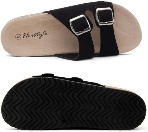 Herstyle Womens Cork Footbed Slides for Women, Double Strap Flat Sandals, Adjustable Buckle Comfort Slip On Shoes, Summer Beach Casual Walking Slippers in Saudi Arabia
