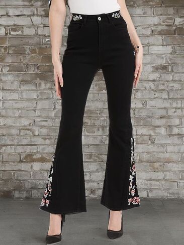 Anna-Kaci Womens Floral Daisy Embroidered Mid Rise Bell Bottom Flare Frayed Hem Jeans in Kuwait