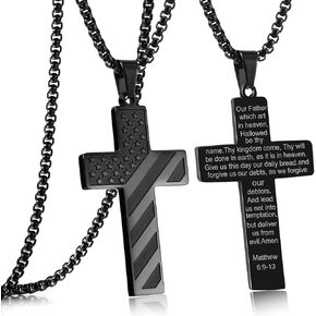 RWQIAN American Flag Cross Necklace for Men Bible Verse, Christian Religious Scriptures Faith Baptism 1st First Communion Pendant Chain for Boys, Fathers Dad Day Graduation Jewelry Gifts for Him