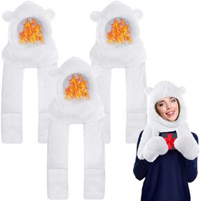Coume 3 Pack Winter Fleece Women's Bear Ear Sherpa Hooded Hat Scarf Gloves 3 in 1 Hooded Scarf Ear Protection Windproof Cap Soft Plush Thick Warm Hat Soft Faux Fur Hooded Scarves for Women Men