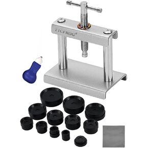 Watch Press Tool, TICFROG Watch Crystal Press, Set Back Case Closer, Metal Watch Back Case Press, Watch Battery Replacement Tool with Watch Back Remover Tool, Watch Case Opener, 7.08"x7.08" Large Cleaning Cloth and 18pcs Dies for Round/Square Watch Dials