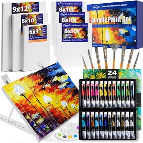 43 Pack Painting Set, Paint Kit, Acrylic Paint Kit with 6 Canvas, Painting Supplies Kit with Table Easel, 24 Paints (22ml), 8 Brushes, Idea Gift for Kids Adults