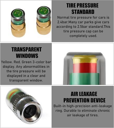 4 PCS Tire Pressure Monitor Valve Stem Caps, 2.4Bar 36PSI Car Tire Pressure Monitor Sensor Indicator with 3-Color Eye Alert, Universal Valve Stem Caps for Cars (Silver) in Kuwait