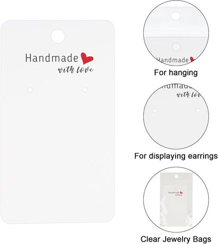 joycraft 100Pcs Earring Display Cards with Bags, 2x3.5 inch Earring Display Holder Cards, Brown Handmade with Love Earring Tags for Selling, Hanging Earring, DIY Jewelry Crafts, Retail in Kuwait