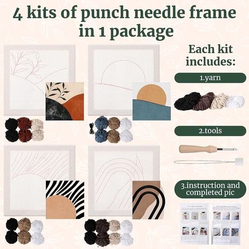 Daifunli 4 Sets Punch Needle Kit with Frame for Beginners 10 x 10 Inch Embroidery Starter Kits Punch Needle Kit with Pattern, Threader, Yarns, Tools for Adults Craft DIY Christmas Birthday in Kuwait