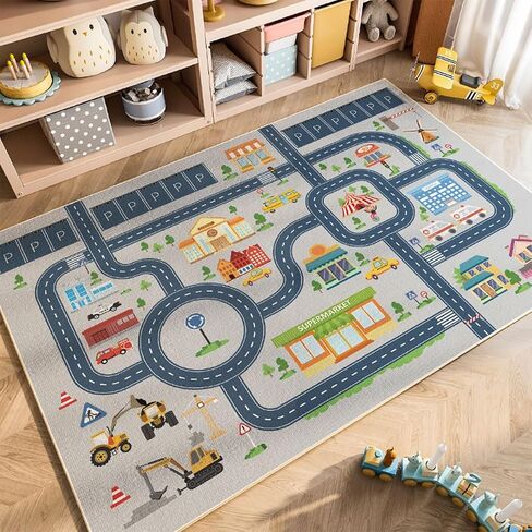 Kids Car Rug, Play Mat for Toy Train, City Woodland Carpet, Non-Slip Educational Fun Area Rug, Nursery Rug for Boy and Girl Bedroom(Size: 32×47inch) in Kuwait