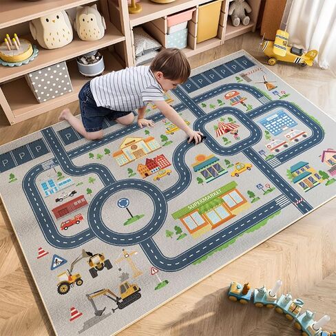 Kids Car Rug, Play Mat for Toy Train, City Woodland Carpet, Non-Slip Educational Fun Area Rug, Nursery Rug for Boy and Girl Bedroom(Size: 32×47inch) in Kuwait