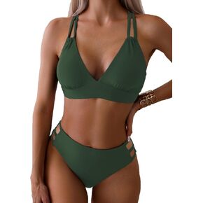 Tainehs Women's Push Up V Neck Bikini Sets Criss Cross Back Two Piece Bathing Suit Coral Pink
