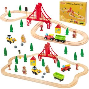 Train Set 40pcs Wooden Train Set for Toddler Kids, Magnetic Train Toys with Wooden Train Track fits Melissa and Doug, fits Brio, fits Thomas, Wooden Toys 3 4 5 6 7 Boys & Girls, Christmas Toys