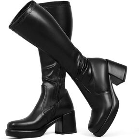 LanreyTaley Women Wide Calf Knee High Boots Platform Chunky Heel Tall Boots Suede Dress Boots Side Zipper Stretch Boots