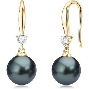 Tahitian Black Pearl Earrings for Women, 925 Sterling Silver Genuine Tahitian Cultured Pearl Drop Earrings Jewelry Gift for Women Wife Mom Daughter