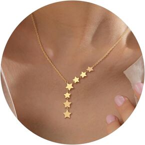 Lariat Star Necklace for Women: Dainty Silver/Gold Star Y-Shaped Necklace for Women 14K Gold Plated Long Chain Pearl Drop Necklace Diamond Star Pendant Cute Jewelry Gifts for Women Trendy