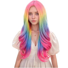 BERON 28 Inches Long Culry Rainbow Wig Girls Cosplay Party Wavy Wigs with Wig Cap (Multicolor)