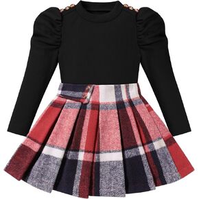 Fuermos Toddler Girl Clothes Puff Sleeve Top and Pleated Girls Plaid Skirt Set 2PCS Girls Outfits Fall Winter