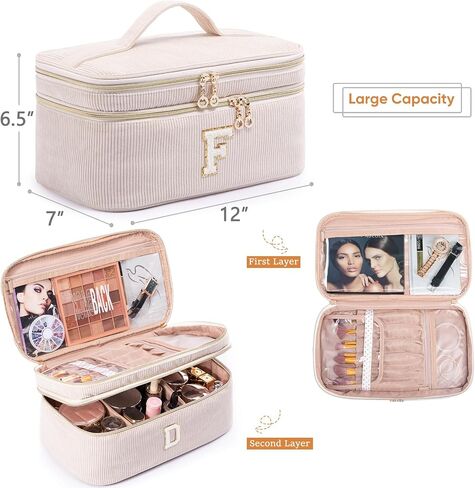AMOIGEE Large Makeup Bag, Travel Makeup Bag Organizer, Double Layer Train Case Makeup Bag, Toiletry Bag for Makeup Brushes, Full Size Bottles, Palettes Sponge, Cosmetic Organizer, Black in Kuwait