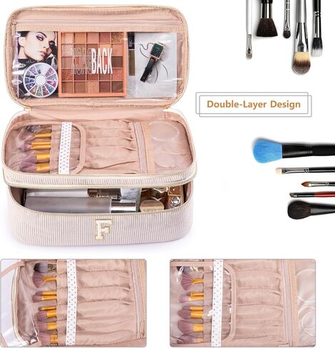 AMOIGEE Large Makeup Bag, Travel Makeup Bag Organizer, Double Layer Train Case Makeup Bag, Toiletry Bag for Makeup Brushes, Full Size Bottles, Palettes Sponge, Cosmetic Organizer, Black in Kuwait