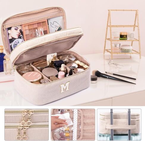 AMOIGEE Large Makeup Bag, Travel Makeup Bag Organizer, Double Layer Train Case Makeup Bag, Toiletry Bag for Makeup Brushes, Full Size Bottles, Palettes Sponge, Cosmetic Organizer, Black in Kuwait