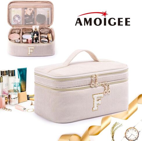 AMOIGEE Large Makeup Bag, Travel Makeup Bag Organizer, Double Layer Train Case Makeup Bag, Toiletry Bag for Makeup Brushes, Full Size Bottles, Palettes Sponge, Cosmetic Organizer, Black in Kuwait