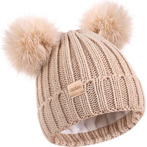 Kids Winter Beanie Hat Warm Ski Caps with Pompom Fleece Lined Children's Knit Hat for Boys Girls Purple