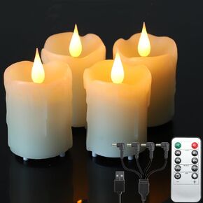 Lezonic Rechargeable Flickering Flameless Candles Battery Operated with Remote and Timer, Pack of 3(D 3'' X H 4''5''6'') Long Lasting Ivory White Real Wax LED USB Pillar Candles