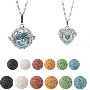 HEDQFM 2PCS Aromatherapy Essential Oil Diffuser Necklace Love Heart and Hollow Ball Locket Pendant Necklace with Lava Bead Stone for Women