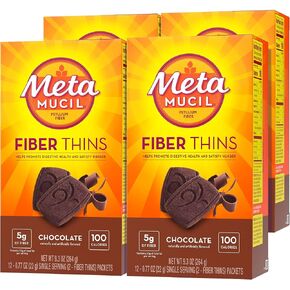 Metamucil, Fiber Thins, Daily Psyllium Husk Fiber Supplement, Supports Digestive Health and Satisfies Hunger, Chocolate Flavor, 12 Servings (Pack of 4)