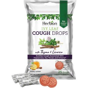 Herbion Naturals Ivy Leaf Cough Drops with Thyme & Licorice, Honey Lemon Flavor, Soothes Cough, for Adults & Children Over 6 Years, 25 Drops