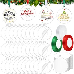 100 Pcs 3 Inch Clear Christmas Acrylic Ornaments Blanks Discs Xmas Acrylic Circle Blanks Round Christmas Tree Decoration Hanging Decor with Ribbon for Christmas Tree DIY Craft Party