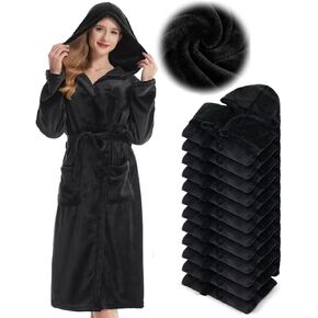 12 Pcs Women Hooded Plush Robe Long Flannel Fleece Robe Soft Warm Bathrobe Winter Robes Bulk for Womens After Shower Hotel Spa Robe Housecoat Nightgown (Black, XXL)
