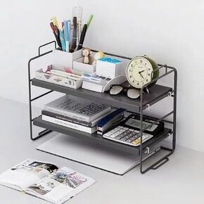 Hbluefat Desktop Shelf Organizer, 2-Tier Adjustable Wood Bookshelf Storage Rack, Small Multi-Functional Stackable Countertop Display Shelf for Home Office School, Kitchen, Bedroom (Walnut+Black)