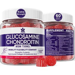 Sugar Free Glucosamine Chondroitin MSM Gummies 2250mg, Joint Support Supplement with Boswellia, Turmeric & Hydrolyzed Collagen, For Cartilage & Connective Tissues, Mobility Comfort & Bone, 120 Cts