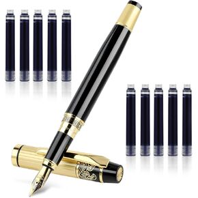 Metal Fountain Pens, With 10 Black Ink 2.6mm Cartridges, 0.5mm Luxury Fine Point Fountain Pen Business Pen Smooth Writing Stainless Steel Pen Calligraphy Pen for Office School Supplies Gift