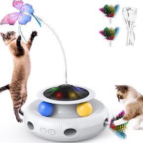 Interactive Cat Toy: 5 in 1 Automatic Cat Toy for Indoor Cats, Electric Kitten Toy with Rechargeable Battery, Self Play Kitty Toy with Fluttering Butterfly, Track Ball and Feather Pack, Pink