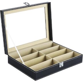 12 Slot Sunglasses Organizer, Lockable Leather Multi Eyeglasses Organizer with Drawers, Eyeglass Frames with Clear Glass Covers for Watch Jewelry Collection, Black