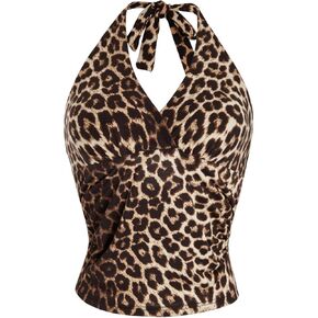 WDIRARA Women's Leopard Print Ruched Halter Crop Tops V Neck Tie Back Sleeveless Slim Fit Cami Tops in Kuwait