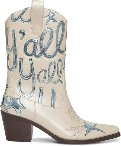 HOCHFART Women's Cowboy Boots Mid Calf Pointed Toe Low Chunky Heel Embroidery Metallic Pull On Western Festival Concert Fashion Cowgirl Boots in Saudi Arabia