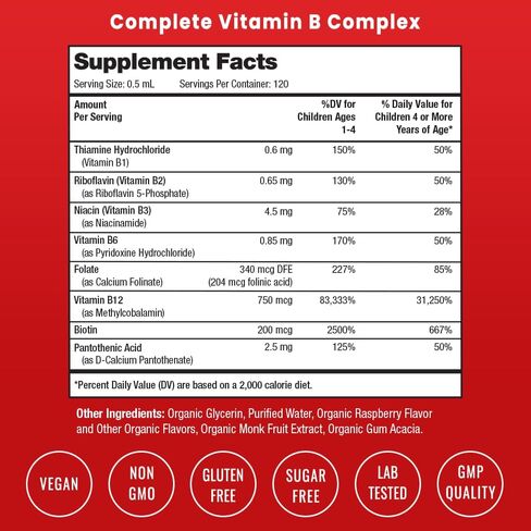 NutraChamps Vitamin B Complex Liquid Drops | B Vitamins Complex Supplement with B1, B2, B3, B6, B7, B9 & Methyl B12 Drops for Adults & Kids | Vegan Berry Flavor 2oz | 60 Servings / 2 Month Supply in Kuwait