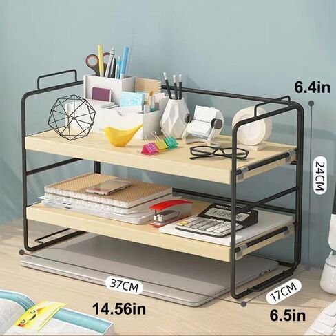 منظم رف سطح المكتب من Hbluefat، رف تخزين رف كتب خشبي قابل للتعديل بطبقتين، رف عرض صغير متعدد الوظائف قابل للتكديس للمنزل والمكتب والمدرسة والمطبخ وغرفة النوم (الجوز + أسود) in Kuwait