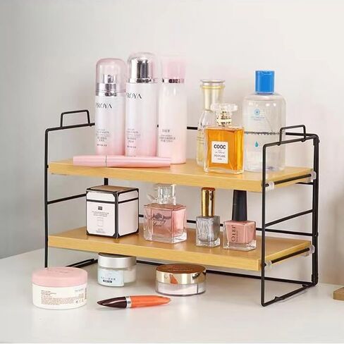 منظم رف سطح المكتب من Hbluefat، رف تخزين رف كتب خشبي قابل للتعديل بطبقتين، رف عرض صغير متعدد الوظائف قابل للتكديس للمنزل والمكتب والمدرسة والمطبخ وغرفة النوم (الجوز + أسود) in Kuwait